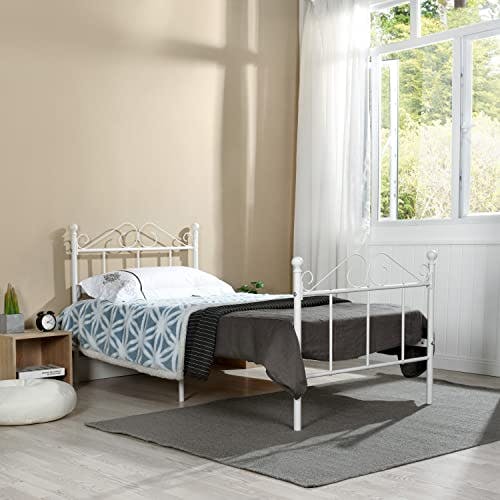 EGGREE Metall Einzelbett Bettgestell Metallbett Bettrahmen mit Lattenrost, Bett 90 x 190cm Weiß 1