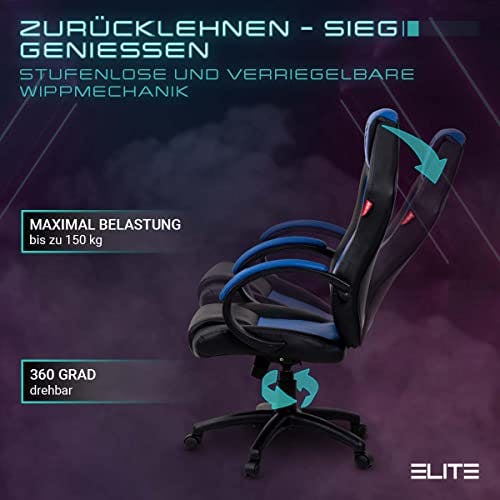 ELITE Gaming Stuhl MG100 Exodus | Ergonomischer Bürostuhl - Schreibtischstuhl - Chefsessel - Sessel - Racing Gaming-Stuhl - Gamingstuhl - Drehstuhl - Chair - Kunstleder Sportsitz (Schwarz/Blau) 1