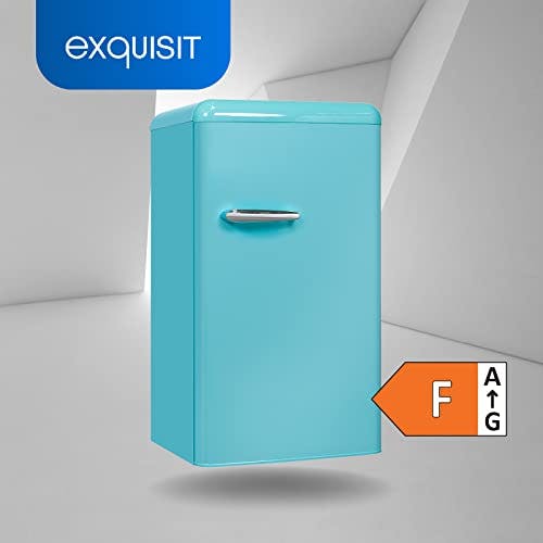 Exquisit Retro Kühlschrank RKS100-V-H-160F taubenblau | 94 L Volumen | Kühlschrank Retro freistehend | Türablagen &amp; Glasablagen | LED-Licht 0