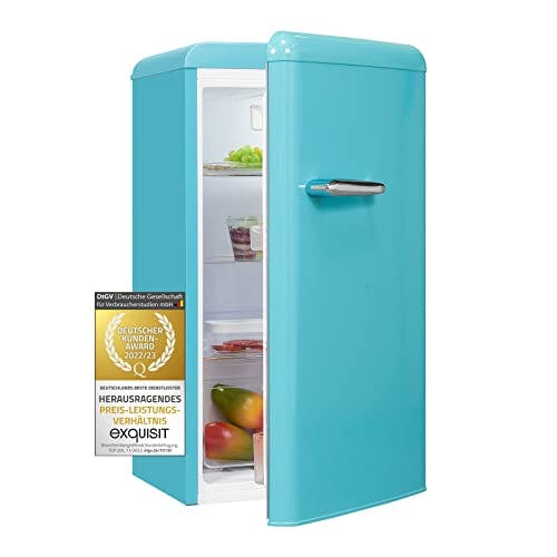 Exquisit Retro Kühlschrank RKS100-V-H-160F taubenblau | 94 L Volumen | Kühlschrank Retro freistehend | Türablagen &amp; Glasablagen | LED-Licht