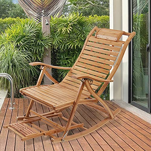 FATIVO Liegestuhl Holz Schaukelstuhl verstellbar Sonnenstuhl,Bambus Sonneliege klappbar mit Armlehne, Fußstütze und Fußmassage 0