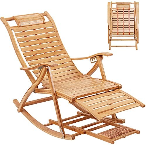 FATIVO Liegestuhl Holz Schaukelstuhl verstellbar Sonnenstuhl,Bambus Sonneliege klappbar mit Armlehne, Fußstütze und Fußmassage