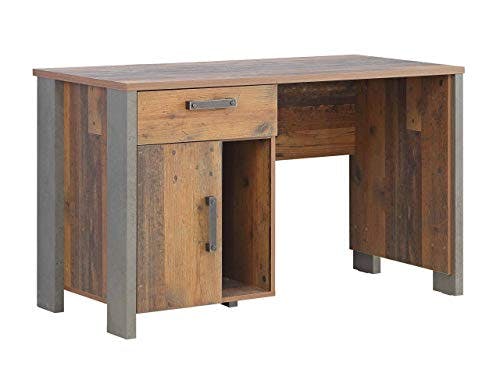 FORTE Clif Schreibtisch mit 1 Tür und 1 Schublade, Holzwerkstoff, Old Wood Vintage/Betonoptik Grau, 126.5 x 73.5 x 60 cm