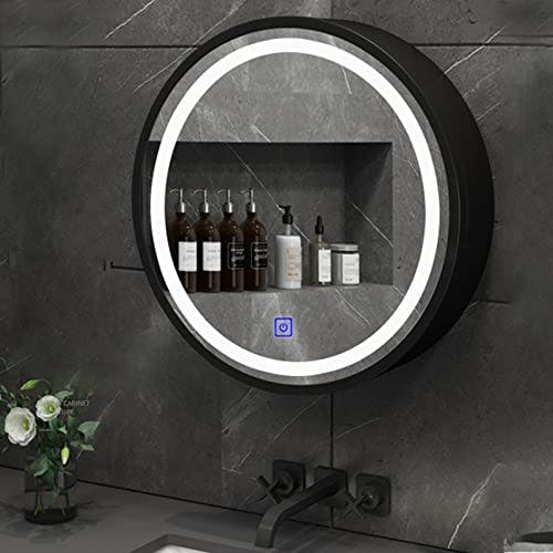 GLHalfM Runder Spiegelschrank mit Licht, Badezimmerspiegelschrank, schwarzer Badezimmerspiegelschrank, Wand-Kosmetikspiegel mit Ablagefach (Größe: 50 cm) 2