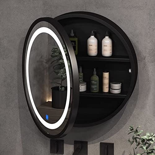GLHalfM Runder Spiegelschrank mit Licht, Badezimmerspiegelschrank, schwarzer Badezimmerspiegelschrank, Wand-Kosmetikspiegel mit Ablagefach (Größe: 50 cm)