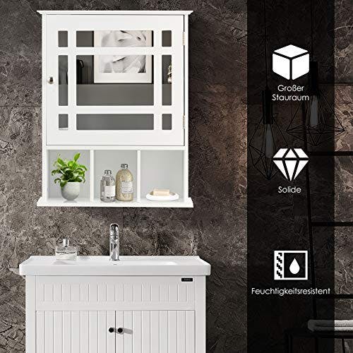 GOPLUS Spiegelschrank mit Ablage, Badschrank mit verstellbarem Einlegeboden, Küchenschrank Hängeschrank Holz, 50×16×61cm (Weiß) 0