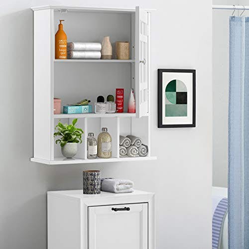 GOPLUS Spiegelschrank mit Ablage, Badschrank mit verstellbarem Einlegeboden, Küchenschrank Hängeschrank Holz, 50×16×61cm (Weiß) 2