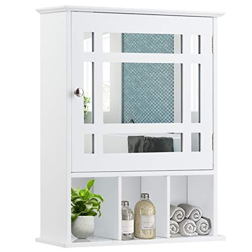 GOPLUS Spiegelschrank mit Ablage, Badschrank mit verstellbarem Einlegeboden, Küchenschrank Hängeschrank Holz, 50×16×61cm (Weiß)