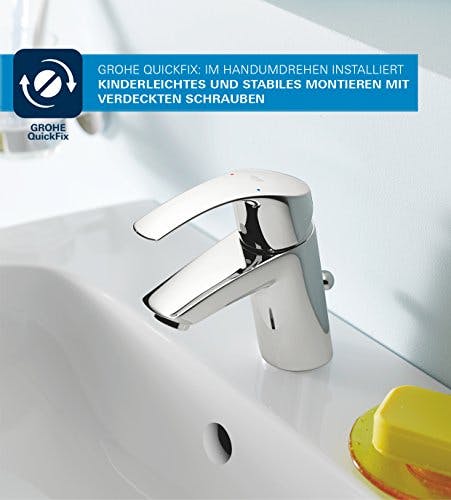 GROHE Eurosmart - Einhand-Waschtischarmatur für das Bad (S-Size, mit Zugstange, Ablaufgarnitur, Temperaturbegrenzer) , chrom, 33265002 1