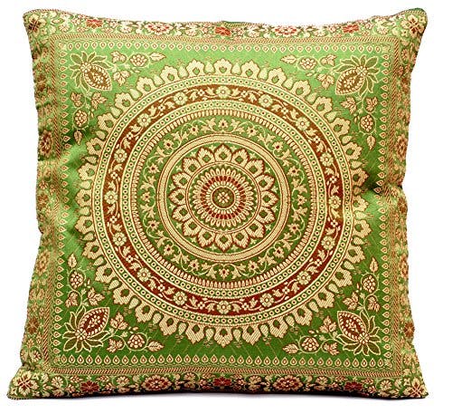 Kashmir Handicrafts Grün Indische Seide Wohnzimmer Deko Kissenbezüge 40 cm x 40 cm, Extravaganten Design für Sofa &amp; Bett Dekokissen, Kissenhülle aus Indien (Angebot gültig nur für EIN Woche)
