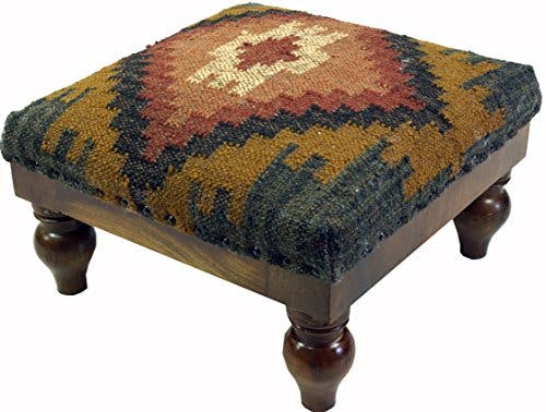 GURU SHOP Arabisch- Marokkanischer Kelim Boden Hocker, Orientalischer Sitz mit Holzgestell, Runde Beine - Blau/gelb, 25x40x40 cm, Sitzmöbel