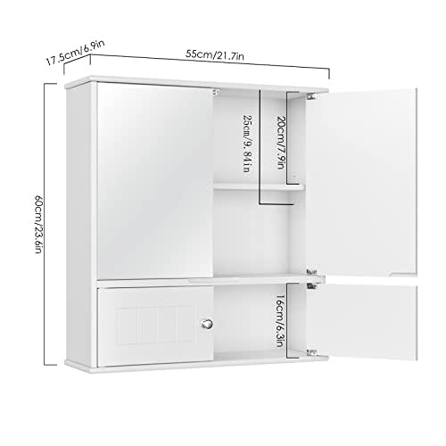 HOCSOK Spiegelschrank, Badezimmerschrank mit Spiegel, Hängeschrank mit 2 Spiegeltüren und 2 Holztüren, Verstellbaren Ablage, fürs Bad, Dusche Raum, Weiß, 60 x 17.5 x 55 cm 1