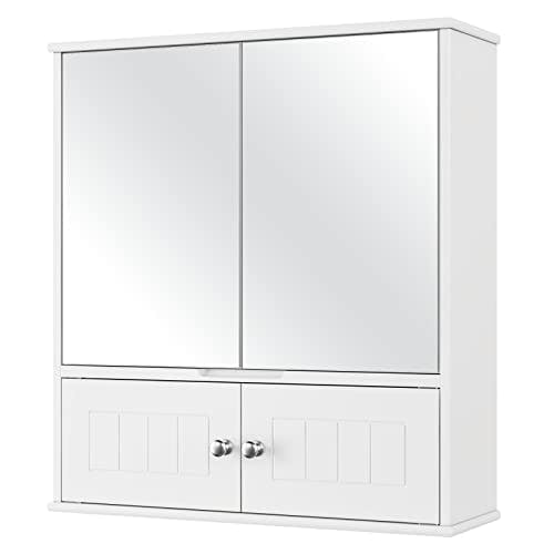 HOCSOK Spiegelschrank, Badezimmerschrank mit Spiegel, Hängeschrank mit 2 Spiegeltüren und 2 Holztüren, Verstellbaren Ablage, fürs Bad, Dusche Raum, Weiß, 60 x 17.5 x 55 cm 2