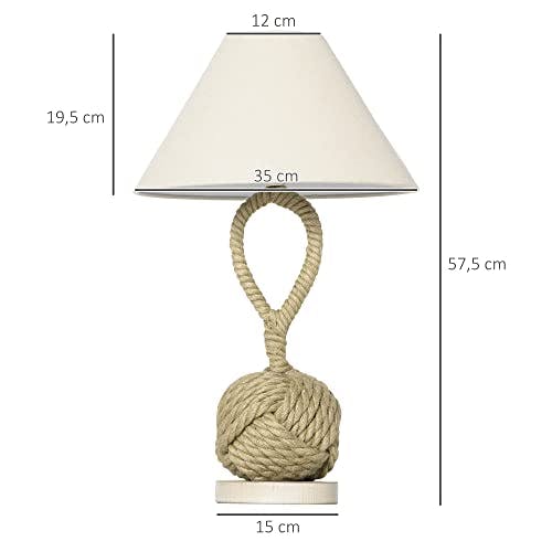 HOMCOM Tischlampe Maritimes Design Nachttischlampe mit Hanfseil Lampenschirm aus Leinen Lampe 40 W für Schlafzimmer Wohnzimmer 220-240V/50Hz mit E27 Sockel Beige+Weiß 35 x 35 x 57,5 cm 1