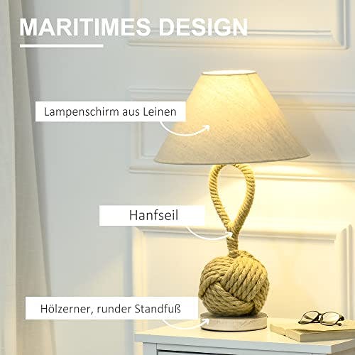 HOMCOM Tischlampe Maritimes Design Nachttischlampe mit Hanfseil Lampenschirm aus Leinen Lampe 40 W für Schlafzimmer Wohnzimmer 220-240V/50Hz mit E27 Sockel Beige+Weiß 35 x 35 x 57,5 cm 2