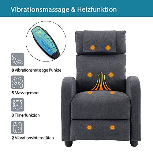 HOMOPIV Relaxsessel, Fernsehsessel mit Liegefunktion Massagefunktion Wärmefunktion, Massagesessel mit Fernbedienung, Ruhesessel Stoff, Liegesessel grau 1