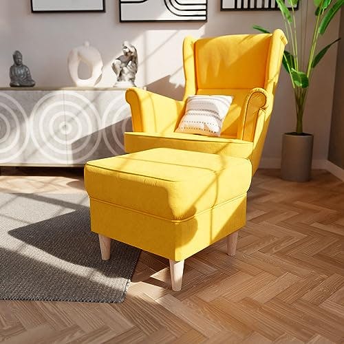 Healancy Biomedical Ohrensessel mit Hocker - Moderne Wohnzimmer Möbel - Lesesessel - Relaxsessel für Schlafzimmer - Polsterstuhl - Fernsehsessel - Stillsessel aus Stoff - gelb 0