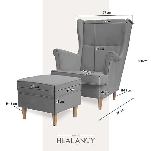 Healancy Biomedical Ohrensessel mit Hocker - Moderne Wohnzimmer Möbel - Lesesessel - Relaxsessel für Schlafzimmer - Polsterstuhl - Fernsehsessel - Stillsessel aus Stoff - gelb 1