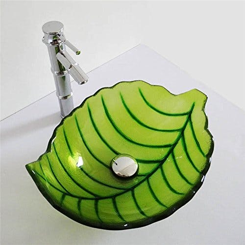 HomeLava Glas Waschbecken Modern Blätter Design im Badezimmer mit Ablaufgarnitur, Montagering (ohne Wasserhahn) 0