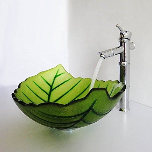 HomeLava Glas Waschbecken Modern Blätter Design im Badezimmer mit Ablaufgarnitur, Montagering (ohne Wasserhahn) 1