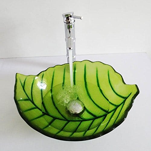 HomeLava Glas Waschbecken Modern Blätter Design im Badezimmer mit Ablaufgarnitur, Montagering (ohne Wasserhahn) 2