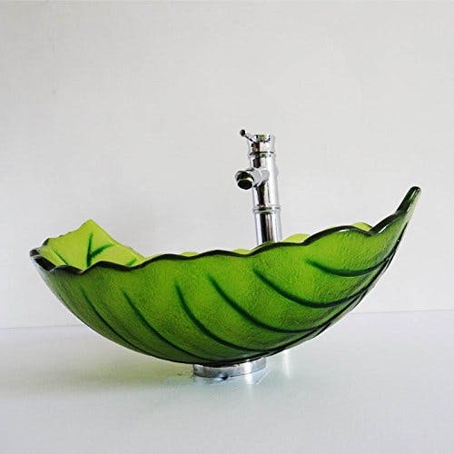 HomeLava Glas Waschbecken Modern Blätter Design im Badezimmer mit Ablaufgarnitur, Montagering (ohne Wasserhahn) 3