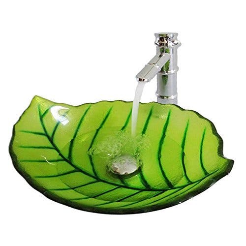 HomeLava Glas Waschbecken Modern Blätter Design im Badezimmer mit Ablaufgarnitur, Montagering (ohne Wasserhahn)