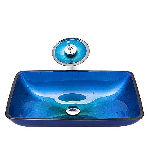 HomeLava Waschbecken aus Sekuritglas und Wasserfall Wasserhahn Blau Rechteckig 1