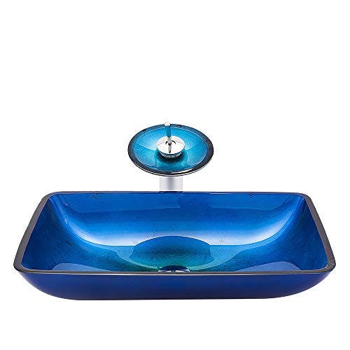 HomeLava Waschbecken aus Sekuritglas und Wasserfall Wasserhahn Blau Rechteckig