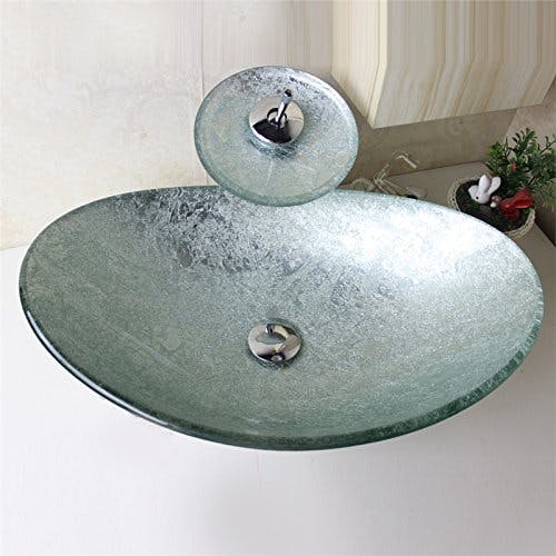 HomeLava Modern Waschbecken Glas Oval Set Hartglas Aufsatzwaschbecken mit Wasserfall Wasserhahn und Chrom Pop Up Ventil 0