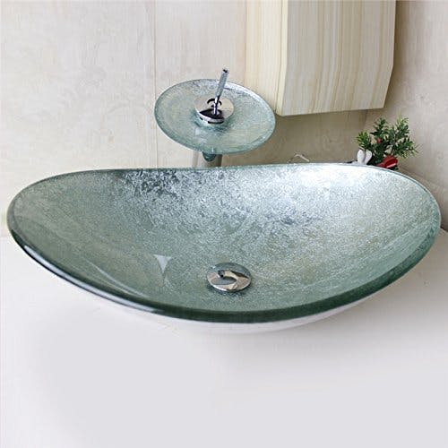 HomeLava Modern Waschbecken Glas Oval Set Hartglas Aufsatzwaschbecken mit Wasserfall Wasserhahn und Chrom Pop Up Ventil 1