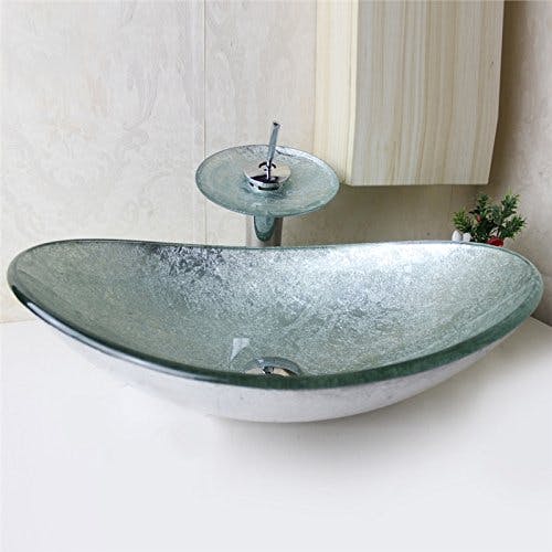 HomeLava Modern Waschbecken Glas Oval Set Hartglas Aufsatzwaschbecken mit Wasserfall Wasserhahn und Chrom Pop Up Ventil
