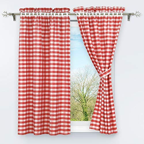 HongYa 4-TLG. Set Karo-Muster Vorhangschals Küche Gardinen Vorhänge mit Raffhalter H/B 145/80 cm Rot 0