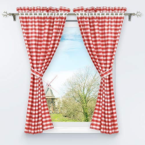 HongYa 4-TLG. Set Karo-Muster Vorhangschals Küche Gardinen Vorhänge mit Raffhalter H/B 145/80 cm Rot