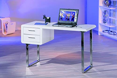 Inter Link – Schreibtisch weiß Hochglanz – MDF lackiert - moderner weißer Schreibtisch – mit 2 Schubladen – Mit Metallgestell – B:120 x T:55 x H76cm - Claude 2