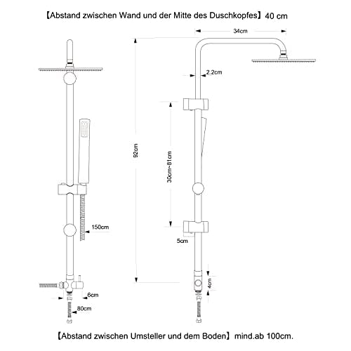 JOHO Edelstahl Duschsystem Duschset Duschstange Regenduschset mit ABS Kopfbrause D23cm 3
