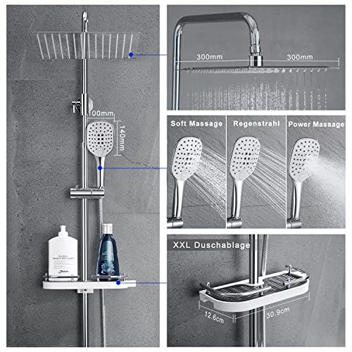 JOHO Edelstahl Duschsystem ohne Armatur Chrom Regendusche Duschset mit Duschgarnitur Ablage(Kopfbrause 30x30cm) 1