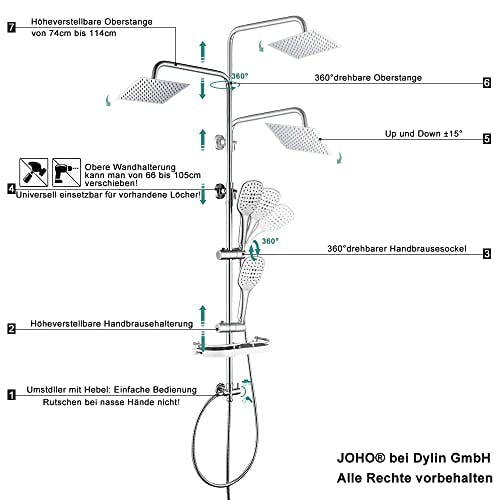 JOHO Edelstahl Duschsystem ohne Armatur Chrom Regendusche Duschset mit Duschgarnitur Ablage(Kopfbrause 30x30cm) 2