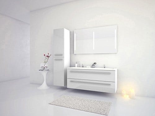Sieper I Badmöbel Set Libato, Doppelwaschtisch mit Unterschrank 120 x 50 cm, Hochschrank und Badspiegel I Weiß