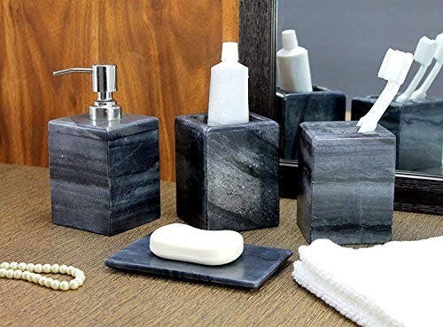 KLEO Luxus 4-teiliges Badezubehörset | Inklusive Flüssigseife oder Lotionspender mit Edelstahlpumpe, Zahnbürstenhalter, Becher, Seifenschale - Bath Set/Bathroom Accessories