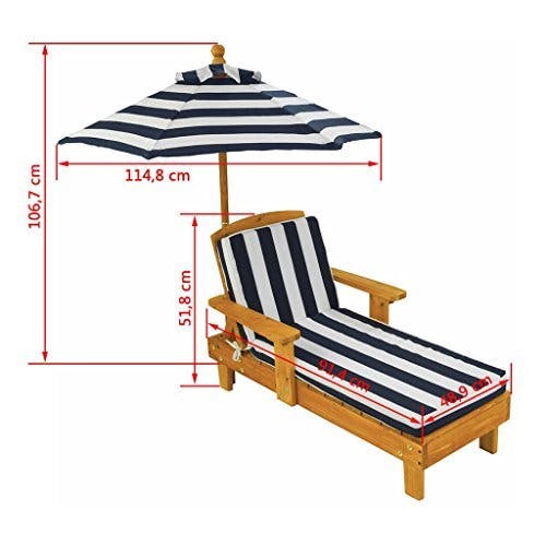 KidKraft Outdoor Liegestuhl mit Sonnenschirm für Kinder, Sonnenliege mit Kissen Weiß Marineblau gestreift, Gartenmöbel aus Holz für Kinder, 00105 0