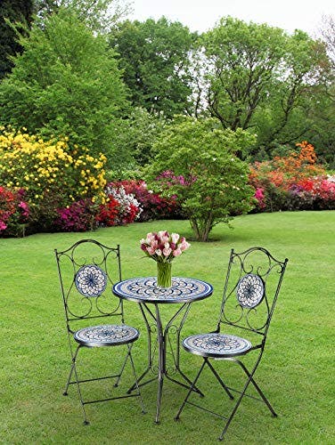 Kobolo Sitzgruppe Gartenmöbel Mosaikoptik - 1 Tisch - 2 Stühle - Metall - blau-weiß 0