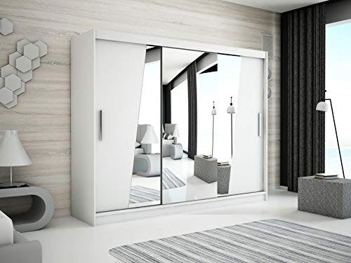 MEBLE KRYSPOL Rhomb250 Schlafzimmerschrank mit DREI Schiebetüren, Spiegel, Kleiderstange und Regalen – 250x200x62cm - Mattweiß 0