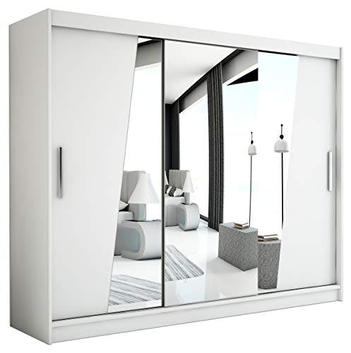 MEBLE KRYSPOL Rhomb250 Schlafzimmerschrank mit DREI Schiebetüren, Spiegel, Kleiderstange und Regalen – 250x200x62cm - Mattweiß