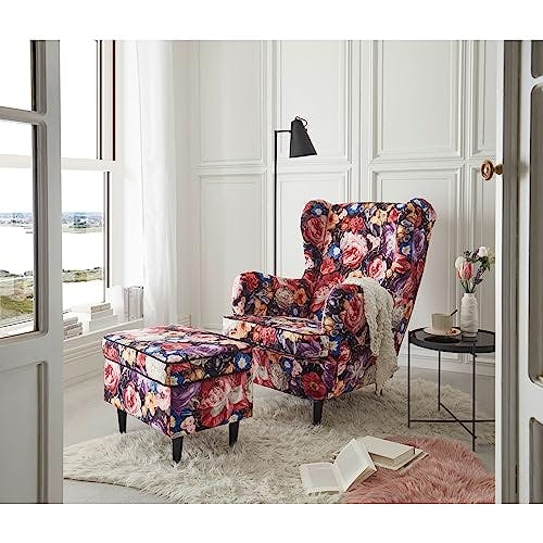 LAUREL Ohrensessel mit geknöpfter Polsterung und floralem Muster - Vintage Wohnzimmer Sessel mit Massivholz Füßen - 78 x 102 x 98 cm (B/H/T) 0