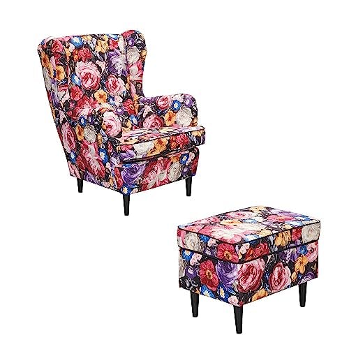 LAUREL Ohrensessel mit geknöpfter Polsterung und floralem Muster - Vintage Wohnzimmer Sessel mit Massivholz Füßen - 78 x 102 x 98 cm (B/H/T) 1