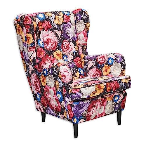 LAUREL Ohrensessel mit geknöpfter Polsterung und floralem Muster - Vintage Wohnzimmer Sessel mit Massivholz Füßen - 78 x 102 x 98 cm (B/H/T)