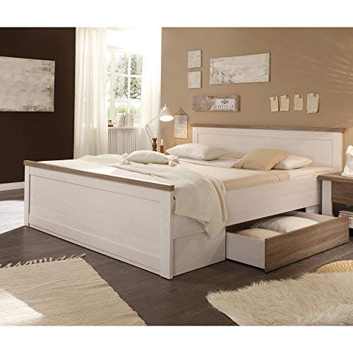 LUCA Stilvolles Doppelbett 180 x 200 cm mit 2x Bettkästen - Komfortables Landhausstil Schlafzimmer-Bett in Pinie Weiß / Trüffel - 186 x 91 x 205 cm (B/H/T) 0