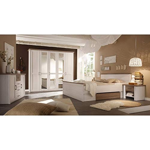 LUCA Stilvolles Doppelbett 180 x 200 cm mit 2x Bettkästen - Komfortables Landhausstil Schlafzimmer-Bett in Pinie Weiß / Trüffel - 186 x 91 x 205 cm (B/H/T) 2