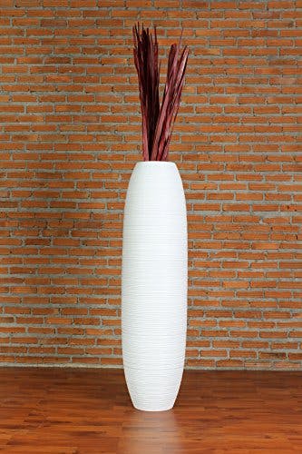 Leewadee Große Deko Bodenvase Für Dekozweige, Hohe Standvase Für Pampasgras, Design Holzvase, 110 cm, Weiß 2